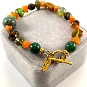 Shaun Bazner Signed Gold Tone Multi Color Glass and Gemstone Bracelet Stunning